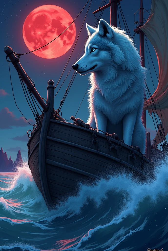 a wolf in anime style look at the red moon while he is on a pirate boat alone