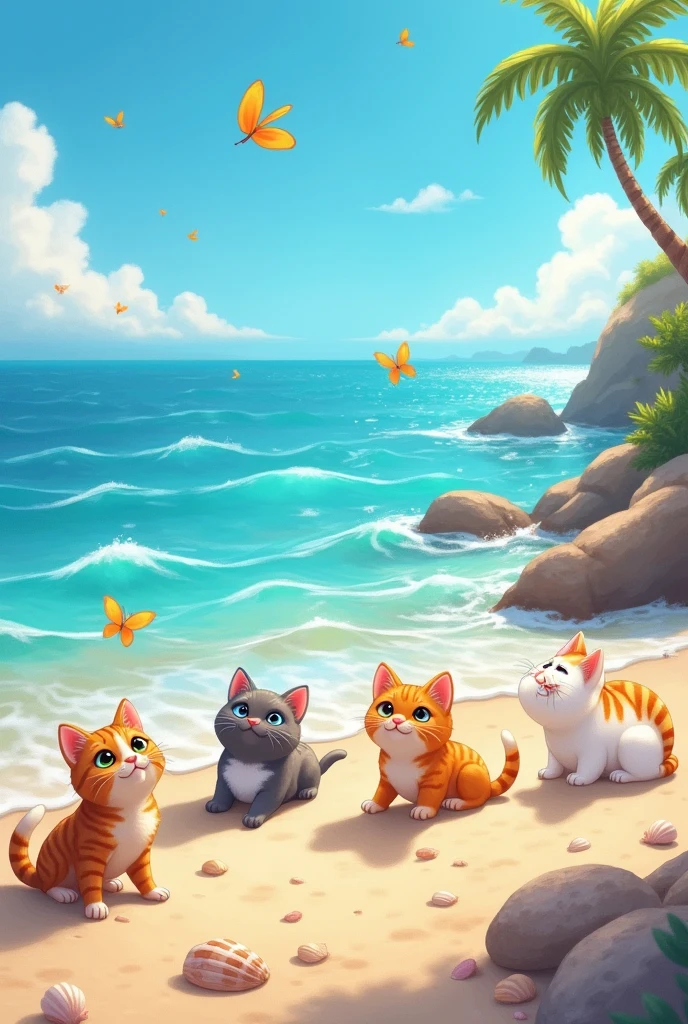 Colorful tablet wallpaper with cats and the sea