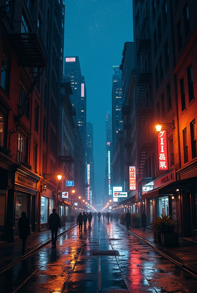 City street between buildings at night 