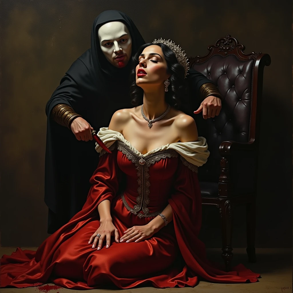 (best quality,8k,masterpiece:1.2), medieval,ultra-detailed,oil painting,hyper realistic,expressive brushstrokes,female queen with large bust kneeling, looks like Salma Hayek, bloody masked man slits her throat with knife from behind her, bleeding, bloodied neck, dramatic lighting,chiaroscuro,dark moody atmosphere,gritty,gore,cinematic,