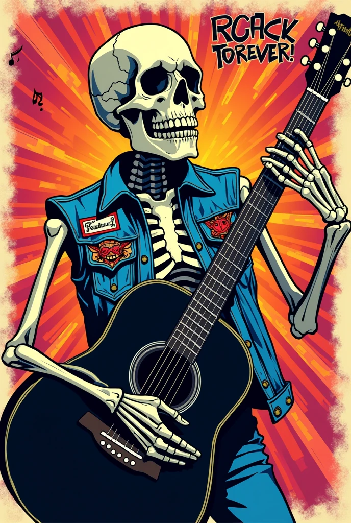 Create a drawing of a cholo skeleton wearing a denim vest with a black acoustic guitar, and that the drawing looks like a comic book cover in pop art