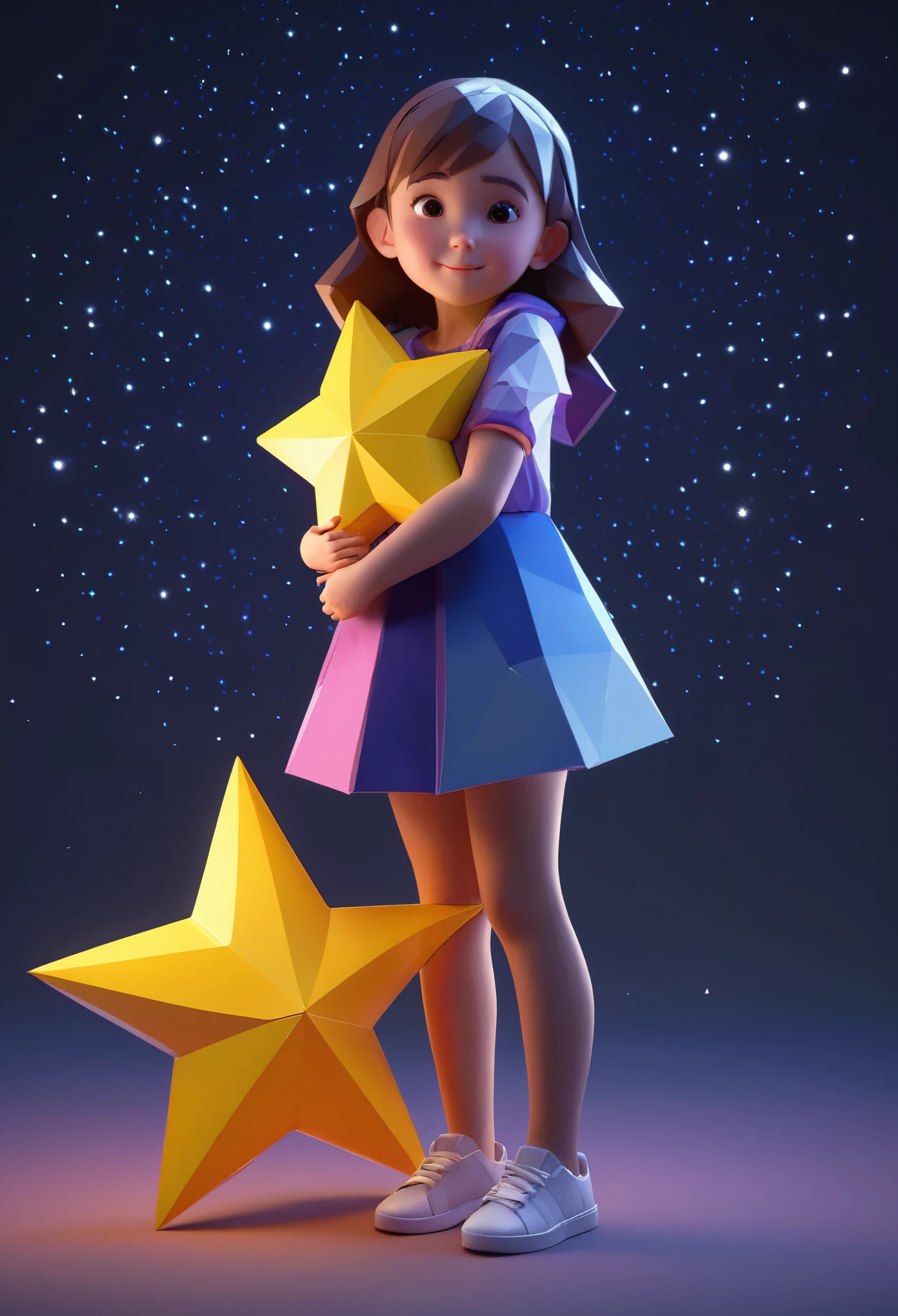 lowpoly, 1 young girl hugging a star, lowpoly, cinematic lighting, octane render, epic realistic, low poly count, stnad up, full body, no background