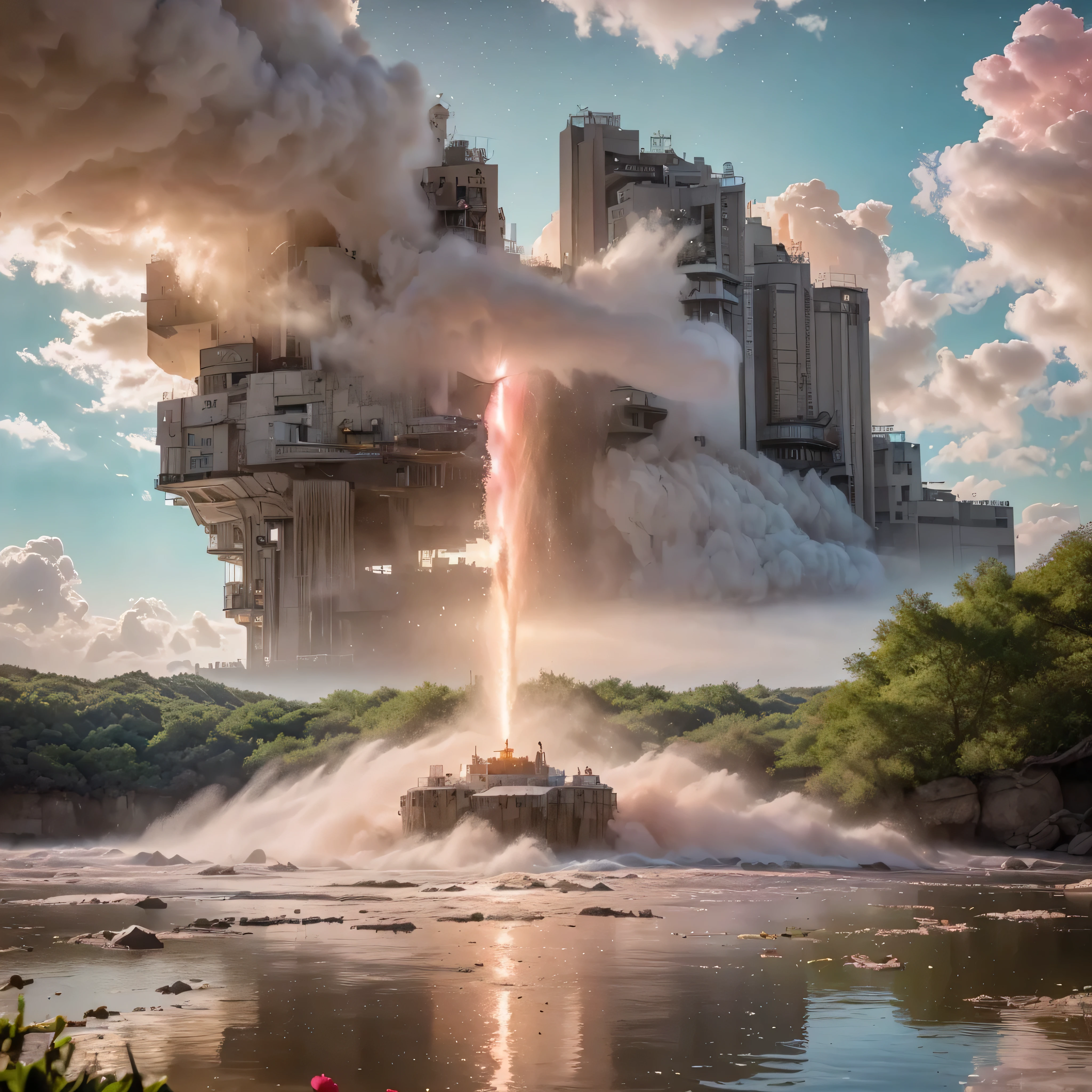 (8k, highest quality, masterpiece, final fantasy style: 1.2), (unRealistic, photoRealistic: 1.37), Dreamy landscape, Fantasy, Unsurreal landscapes, Super detailed, Flying Castle, Floating Island in the Sky, Seven-colored swirl of light, Intense lightning, milky way, Complex Light, Colored light, Large Lake, Starry sky reflected on the lake surface, Countless shining stars, Meteors, Reflections , (A pillar of light emanated from the ground:1,2), (((roses and orchids gardens , bright day , pink clouds, waterfalls in the sky, realistic style, Hyperrealism drawing, a flying pirate spaceship floating above the clouds)))) , burning skyscrapers, , timeless realms, stunning princess , casting spell, healing light magic effect, in a magical lagoon of the fairyland, crystal clear water surface reflections, sharp focus, looking at viewer, (close-up:0.9), (bright white theme:1.2), (bright white tone:1.2), (deep blue tone:1.3),((( realistic, Hyperrealism, vivid colours , landscapes , alien cyborgs , science fiction themes))),