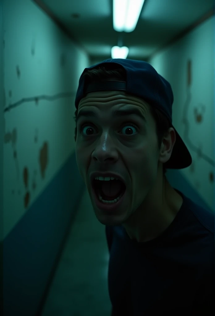 close up of a scared man with a backwards baseball cap in a hallway, nightmare