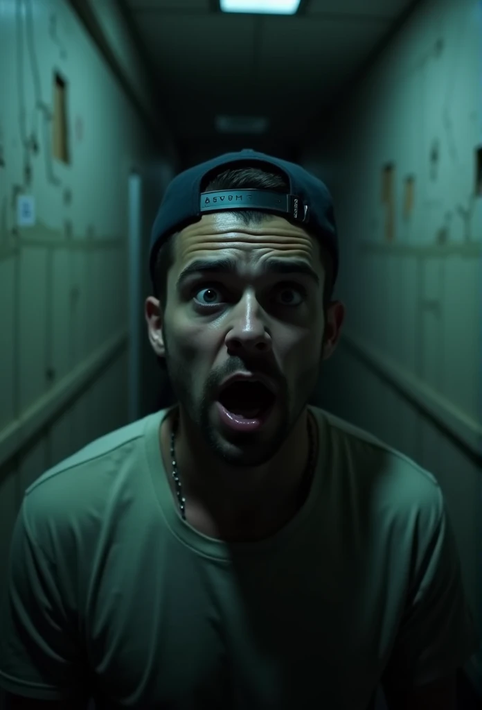 close up of a scared man with a backwards baseball cap in a hallway, nightmare 