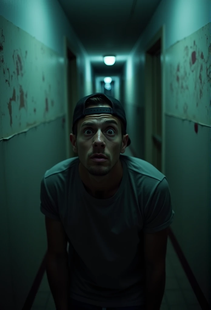 close up of a scared man with a backwards baseball cap in a hallway, nightmare