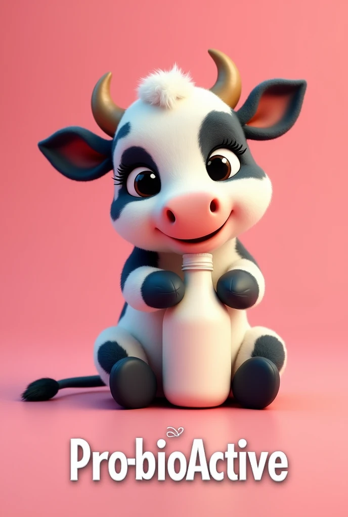 Black and white, cuddly cow sitting animated with long eyelashes holding a bottle of milk against a pink background.
Below with the word ProbioActive