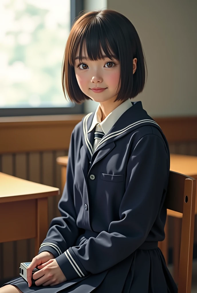 Highest quality, Face Focus, Soft Light, Ultra-high resolution, (Realistic:1.4), RAW Photos, 1 Japan, alone, cute, (A shy smile:0.5), (Brown eyes, Light in your eyes), Beautiful face in every detail, (Small box),(High resolution detail of human skin texture), (Short Bob Hair), break, In the classroom,Navy uniform, Best, skirt