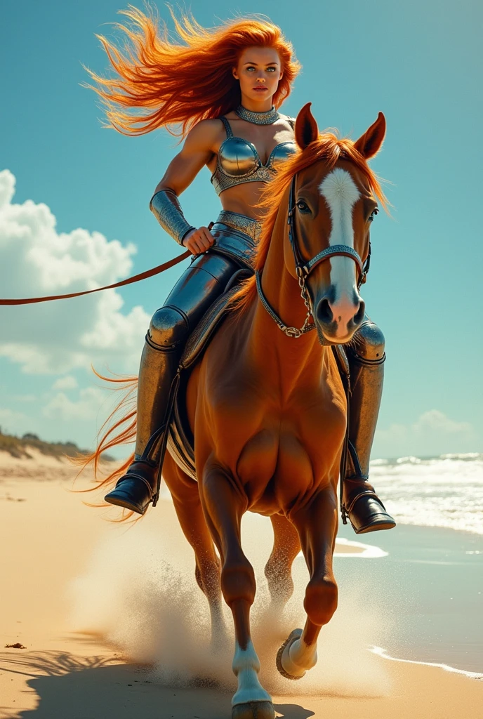 Quadríceps strong, woman bodybuilder, silver armor, BLUE eyes, red Very long large hair, Mount horse, strong horse, horse runner, realismo, Beach,light, 8k,Full HD,abdômen detailed, face Angry!