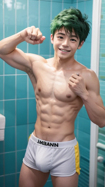 Japanese men、、Well-developed muscles and smooth skin、Fluffy, voluminous, bright green hair、Thin yellow boxer briefs、You can see the whole body from head to toe.、Smiling softly and friendly、Hero Academy、Manly posing in the bathroom