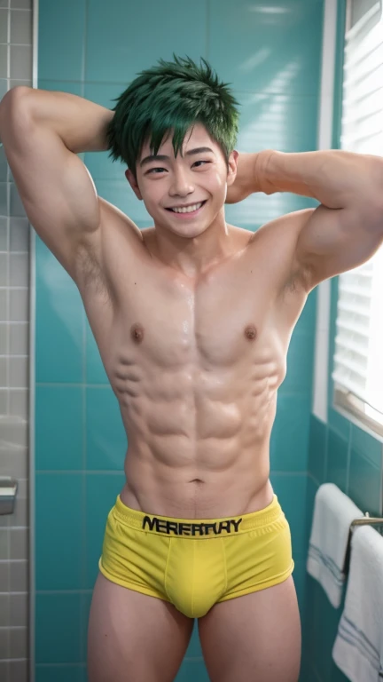 Japanese men、、Well-developed muscles and smooth skin、Fluffy, voluminous, bright green hair、Thin yellow boxer briefs、You can see the whole body from head to toe.、Smiling softly and friendly、Hero Academy、Manly posing in the bathroom