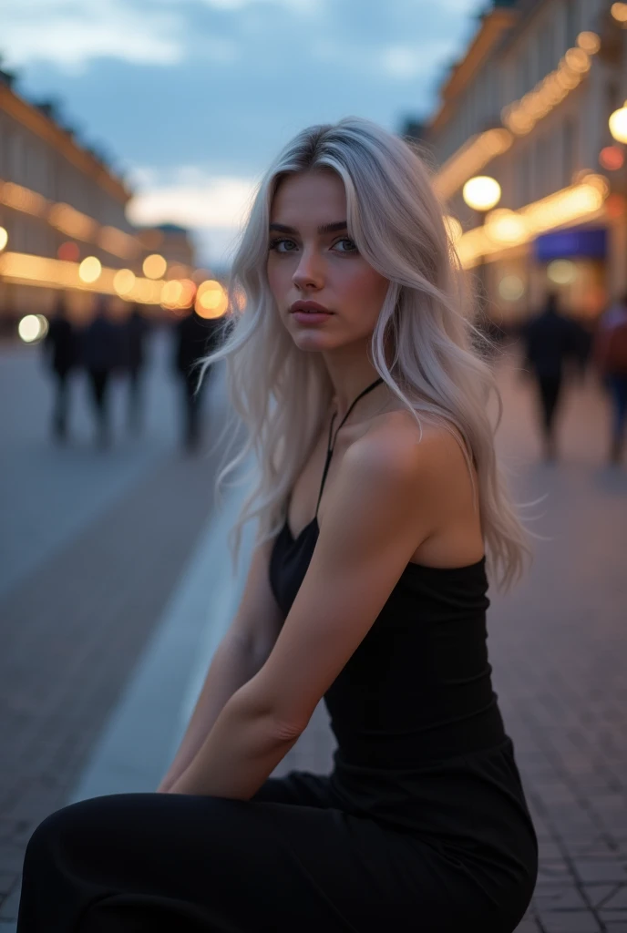 Beautiful girl with white skin, light gray hair, with bright shining eyes, Shiny skin, pearl skin, In a black dress, professional photo, 4K, a high resolution, high detail, realistic, looks straight, is sitting, Against the backdrop of St. Petersburg, evening