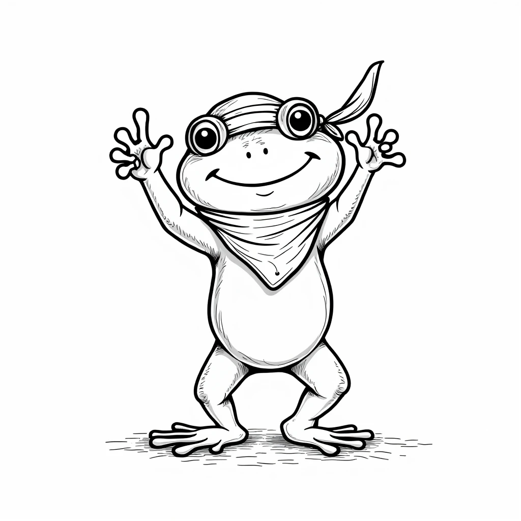 frog standing in victorious pose with flowing bandana on his head. line drawing style for children's coloring on white background