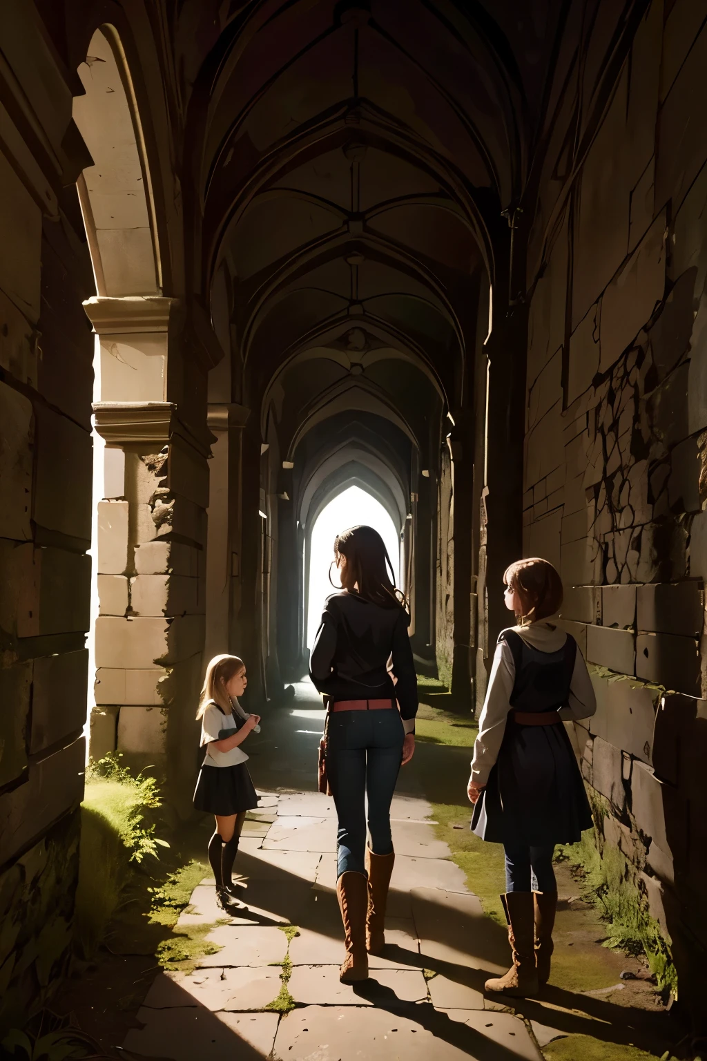 two fifteen-year-old girls and a nine-year-old girl explore a ruined abbey, dark atmosphere, spooky place, darkness, eerie shadows, ancient ruined medieval frescoes on the walls, wearing trousers and boots
