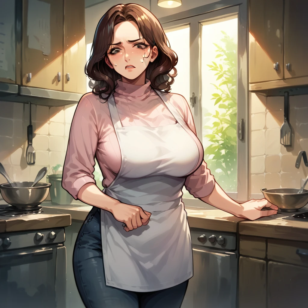 MILF Tsundere, wearing a pink turtleneck sweater, black denim pants and an apron, she's at a door