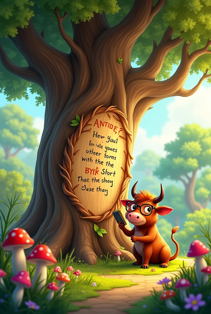 a riddle carved on an old oak tree trunk, a friendly cartoon bull reading the riddle, fantasy forest setting, whimsical, colorful, vibrant, 4k, highly detailed, masterpiece, illustration, dynamic composition, magical, imaginative, warm lighting, soft shadows, playful, charming, engaging, inviting, storybook, whimsical, cute, adorable, appealing to children