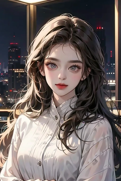 A grey-eyed brunette with long hair in a modern evening city