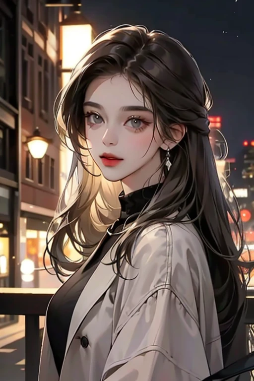 A grey-eyed brunette with long hair in a modern evening city