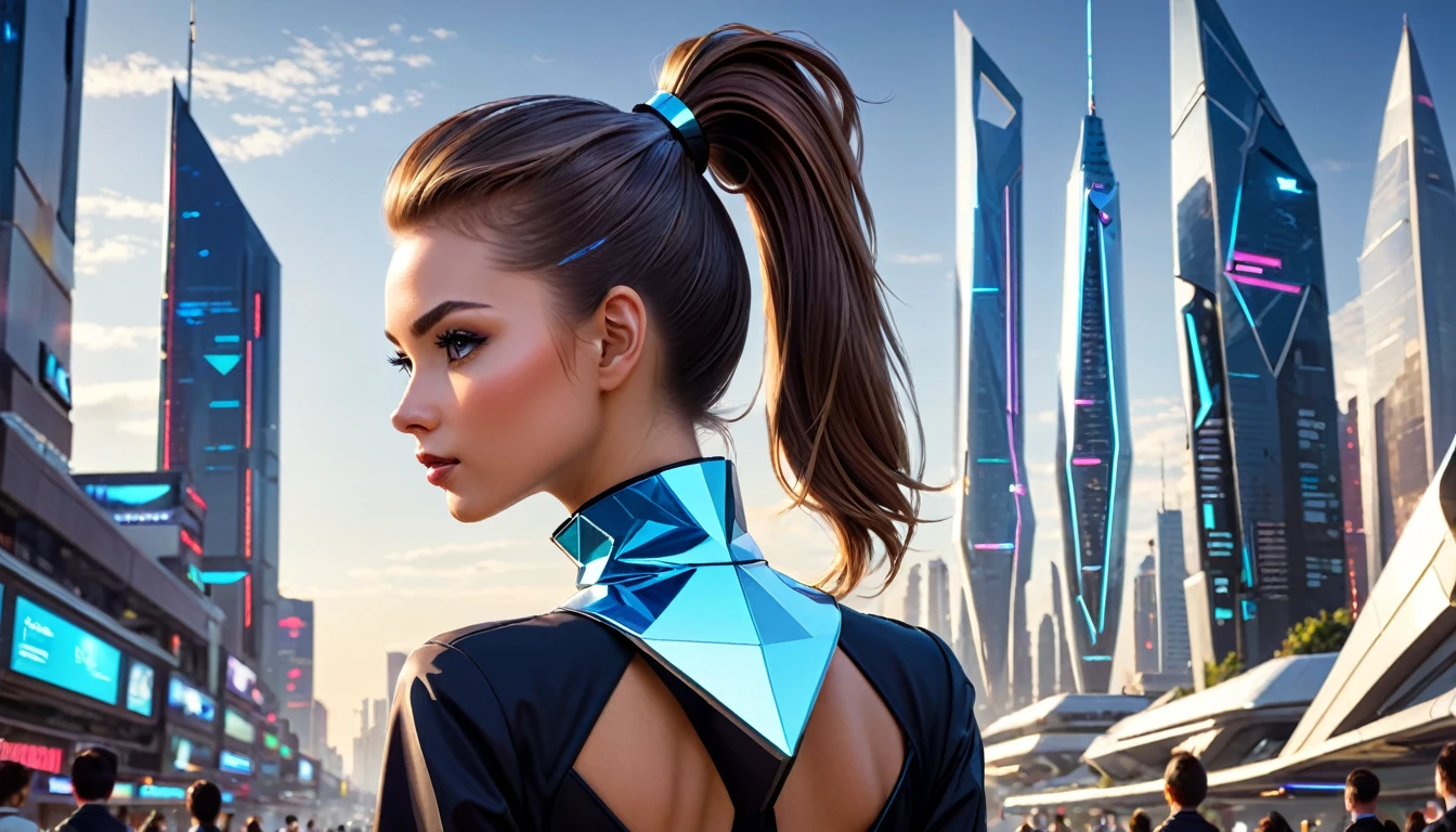 Rhombus neckline . Ponytail girl. futuristc city