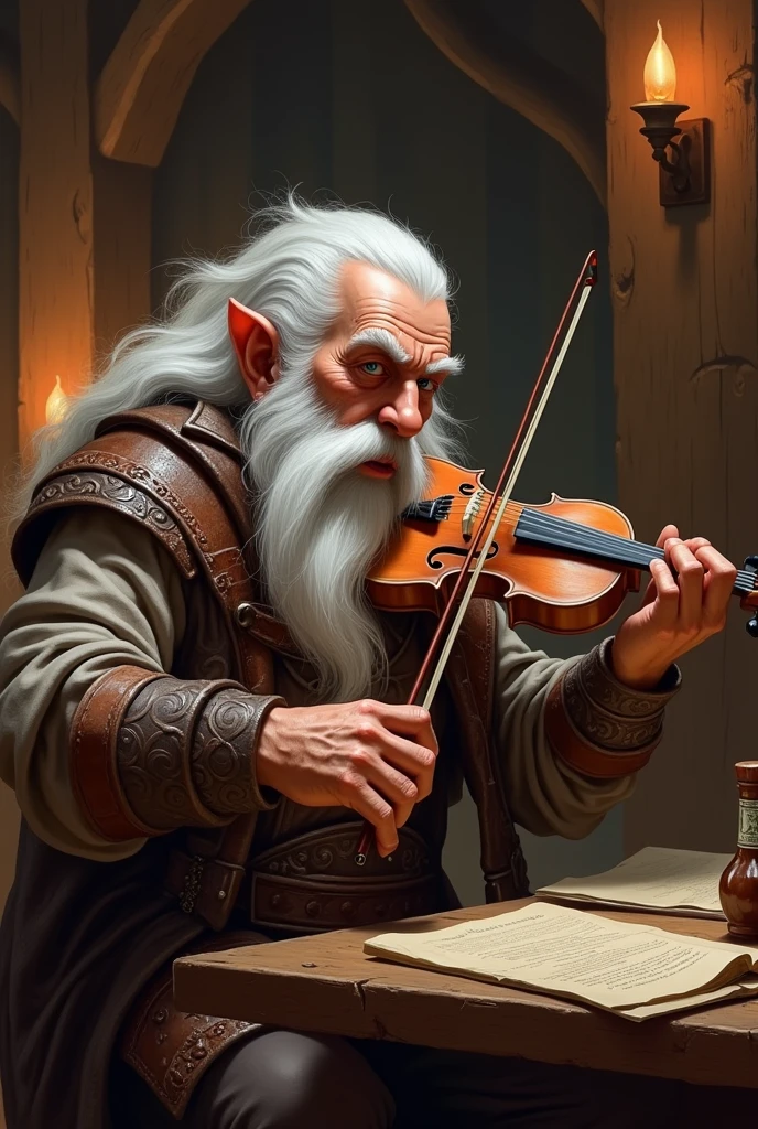 dwarf, white  hair, bard, using a violin, face scar, Tabletop RPG style