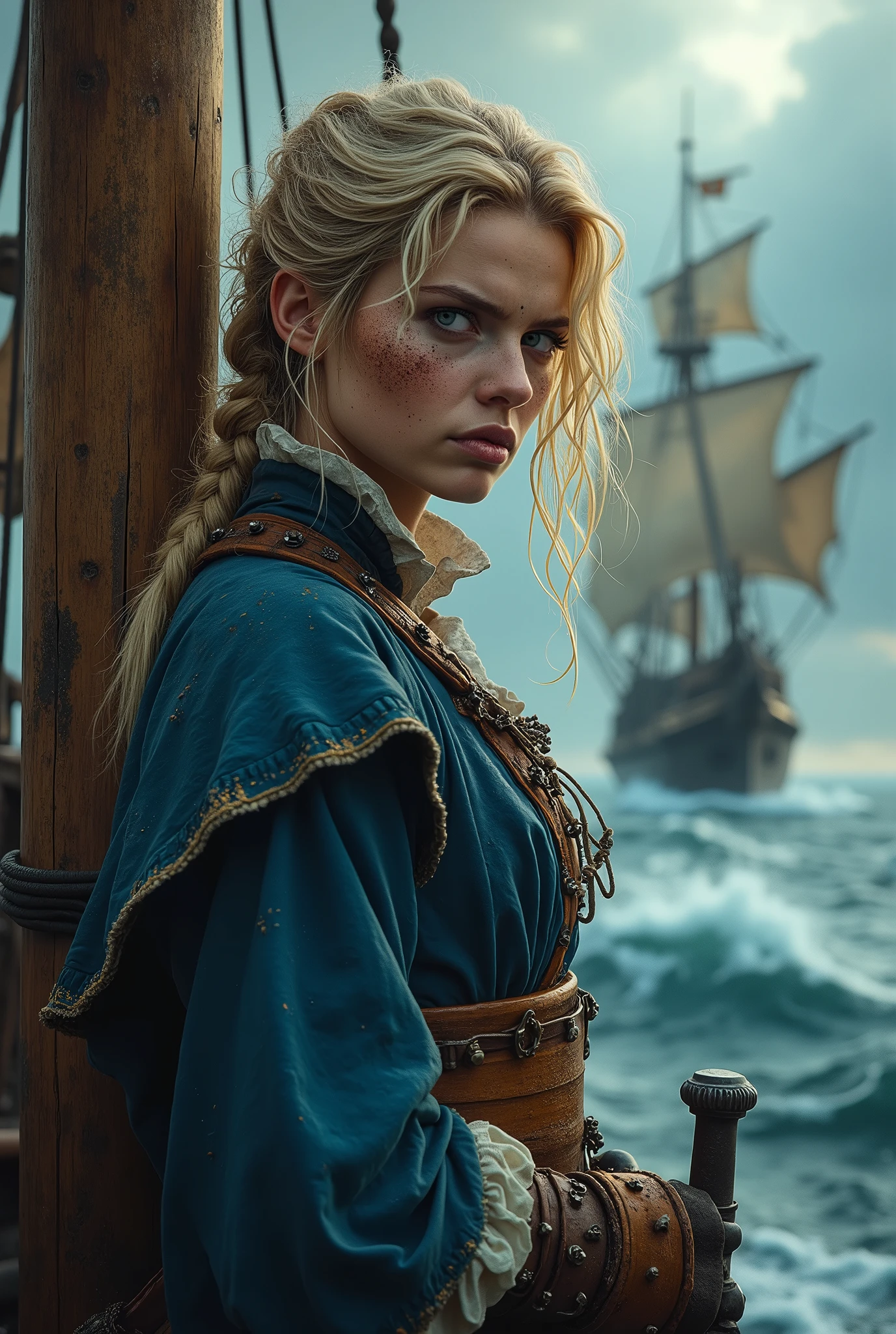 (Realistic:1.2), Grimy 24-year-old blonde pirate woman with weathered skin, sea-sprayed hair, and a salty gaze leaning against mast of. her storm-battered ship, a dagger by in her hand limp at her side, exhausted after another sea battle. The rough grey sea stretching out before her like an endless battlefield, waves crashing against the vessel's hull as dark, foreboding clouds gather on the horizon, an airship looming in the distance, its billowing sails tattered, the pirate's tunic a deep, rich blue with sea-worn whites and tawny leather accents, contrasting warm golden light on weathered wood and cold blue shadows, 8k hyper-real fantasy matte painting in the style of Simon Stalenhag, ZBrush textures and Unreal Engine 5, detailing reminiscent of Iain McCaig's concept art, loose brushstrokes echoing the rugged seascape my soulmate.