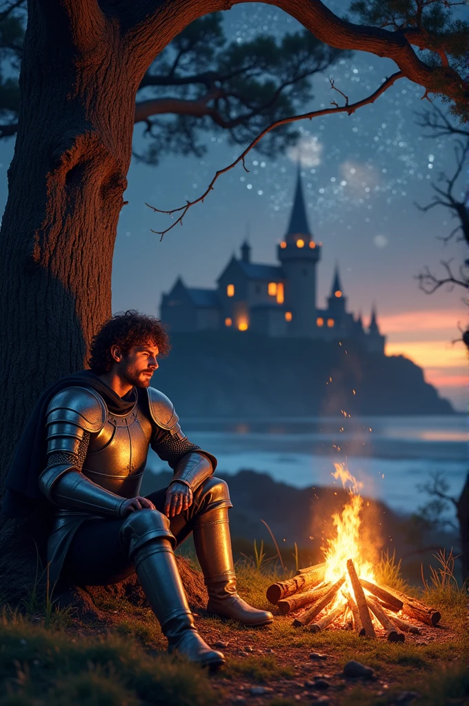 Knight resting around a campfire, with the castle and the sea on the horizon.