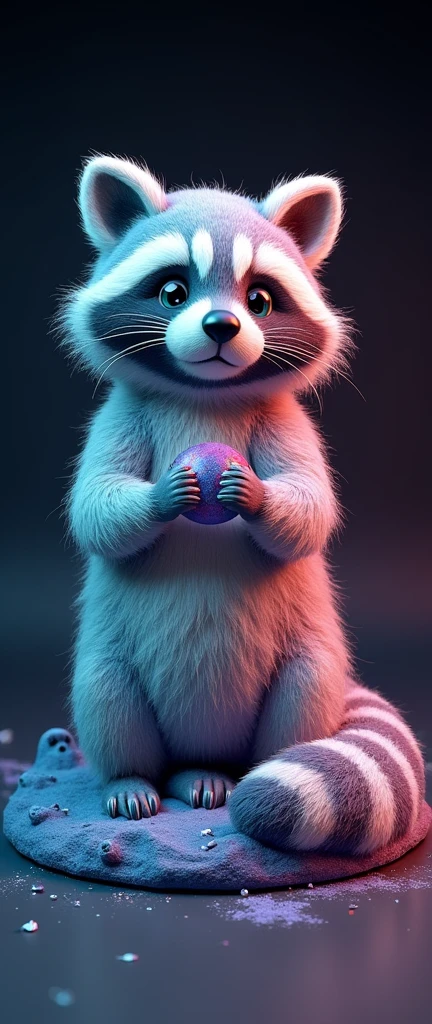 A stunning, 3D render of a captivating raccoon statue displayed in a fluffy, baby-like form. The raccoon is rendered in a variety of enchanting colors, such as green, blue, cyan, purple, and pink, adding a playful and magical touch to the design. The rich, vibrant hues contrast sharply against the dark background, drawing the viewer's attention to the raccoon's enchanting features. The overall aesthetic is reminiscent of the Microsoft (msstyle) design, giving the piece a modern, conceptual art feel, further enhanced by the striking 3D rendering., photo, conceptual art, 3d render
