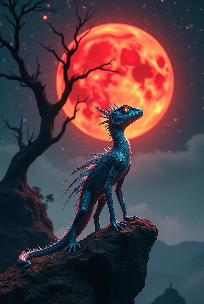 a creature looking at a red moon