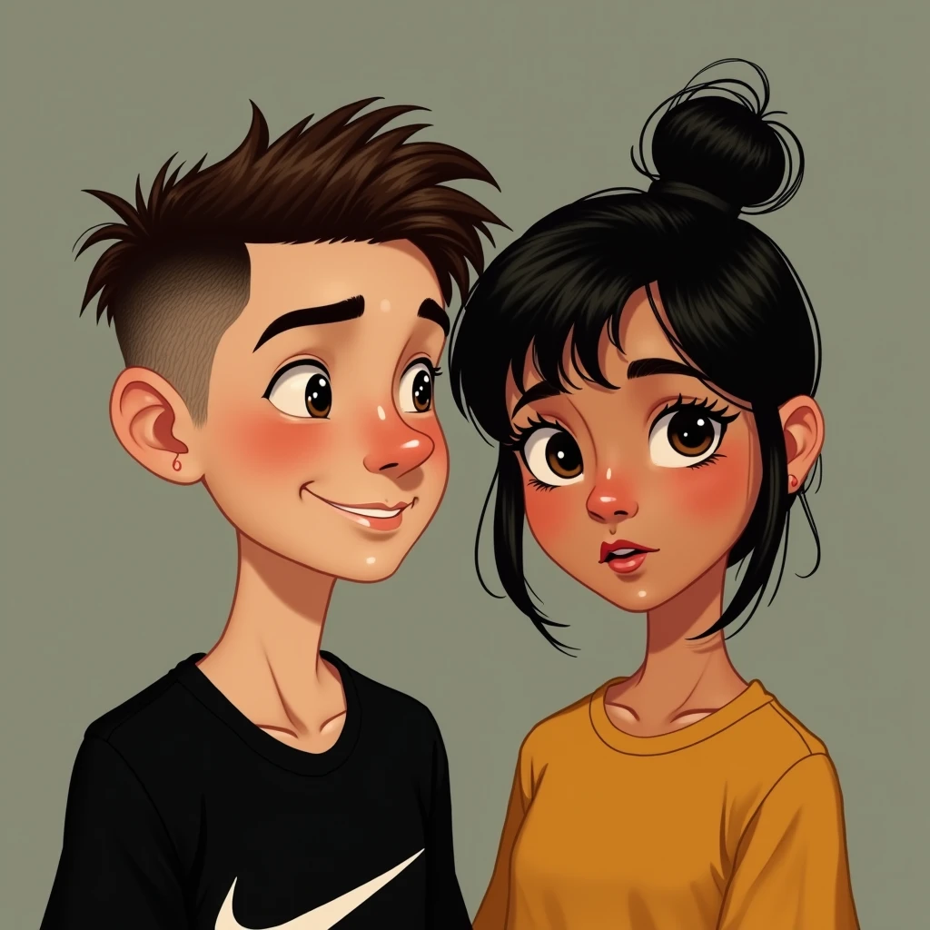 Disney A  boy with white skin color, thick lips, low taper fade with a mid fade textured haircut, wearing a black Nike shirt. 

A teenageith her hair tied up and bangs., Mustard yellow shirt, brown eyes and disney dimples
