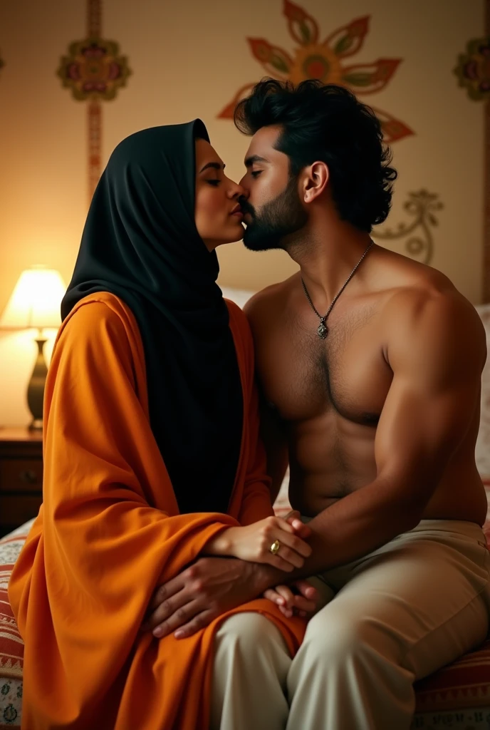 muslim women wearing saffron saree black hijab with sindur, with muscular Hindu pandit on bed doing kiss