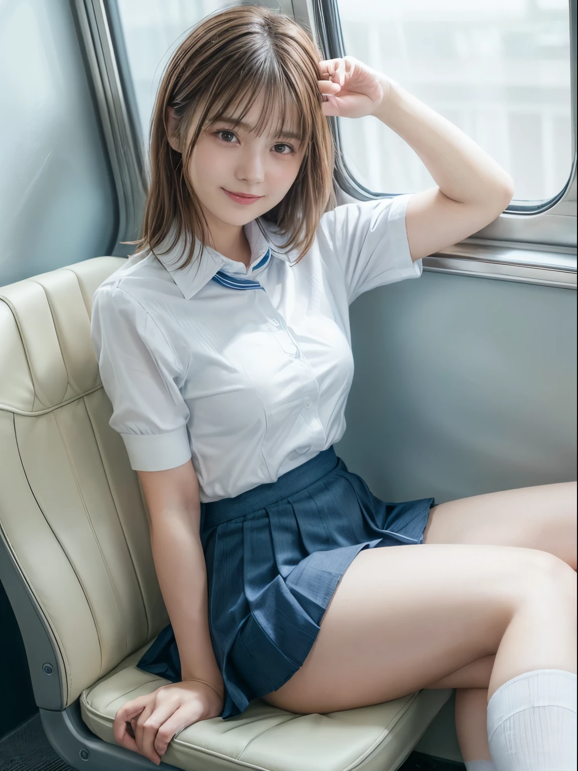 Top Quality,extremely highly detailed,​masterpiece,realisitic,Photo real,bright lighting,1 girl in, Very beautiful 17-year-old girl, (kawaii:1.2),faint smile, (Brown eyes),(ligh brown hair),(bangss),perfect shiny skin,Flawless skin,((Erotic,Sexy and sexually explicit)),((Precise hands without dissonance)), large full breasts,Big breasts and a thin waist, Watch your audience,,((Short sleeve uniform white shirt)),(Blue mini pleated skirt),(((skirt lift by yourself:1.3))),(lifted by self),(Show Panties:1.5),Wearing panties,panties focus,((Sits,Open Legs Wide)), Sock, (Black knee socks),(Loafer Shoes), daytime,On the train,Long horizontal seats with your back to the window, Smiling broadly, (spread legs:1.5)