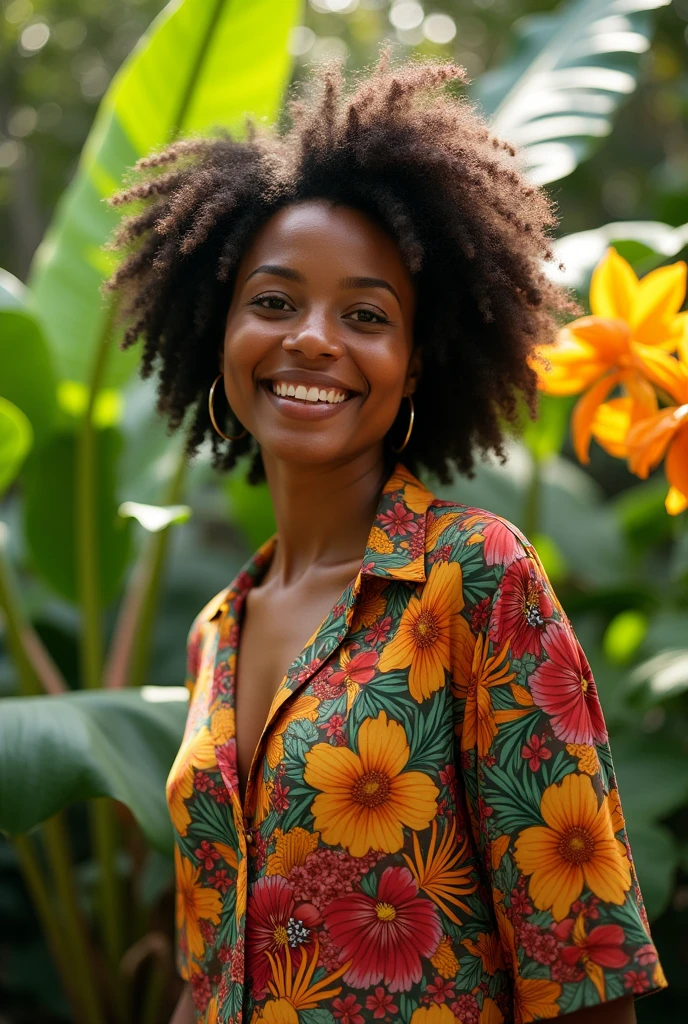 A Brazilian woman in a lush tropical garden, wearing an open shirt with a floral print, with a close-up capturing the harmonious beauty between her breasts and the natural flowers, showing off your natural charm and outgoing personality.