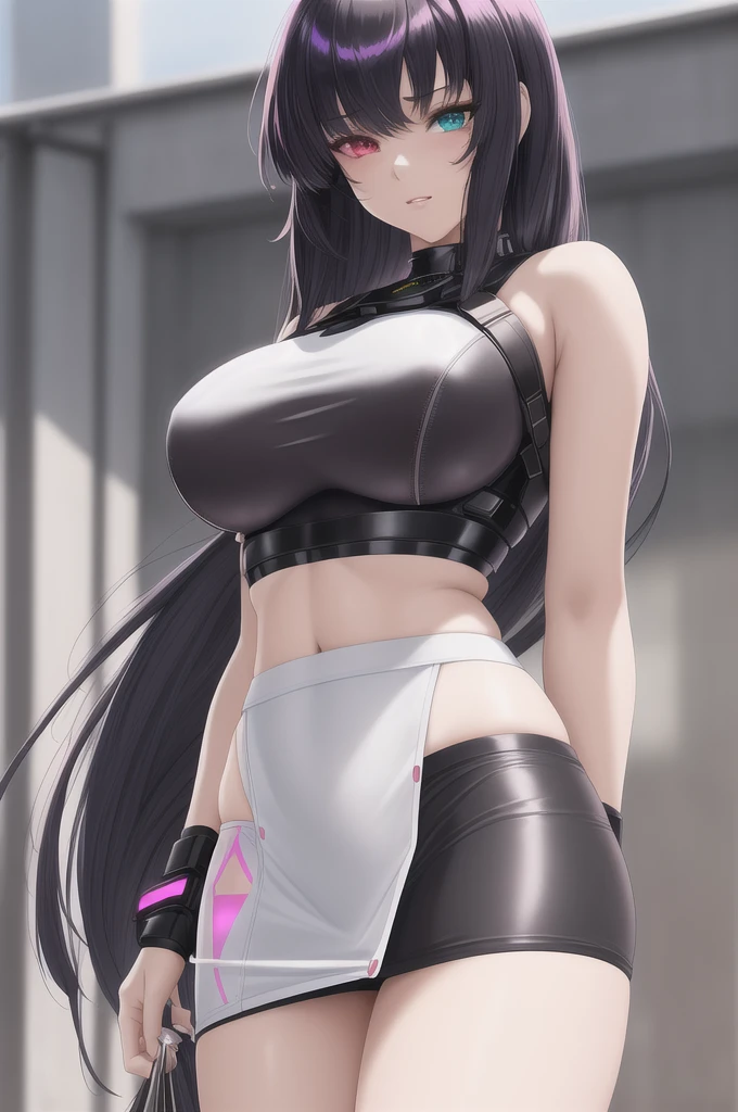 {{{masterpiece}}}, {{detailed}}, {detailed background}, {最high quality}, high quality, High resolution, 4K, Light, Glare, {detailed eyes}, motoko kusanagi, Long, messy black hair that reaches the shoulders., Heterochromia with red and gray irises, White crop top with a black symbol and pink skirt, Happy, shopping, A full-body beautiful, realistic style woman, clean detailed faces, Complex clothing, Similar colors, Shining Shadow, Beautiful gradation, Depth of written boundary, Beautiful images, high quality, Attention to detail, High resolution, Luminous Studio Graphics Engine, Cute Face, Narrow waist, Nice hips,