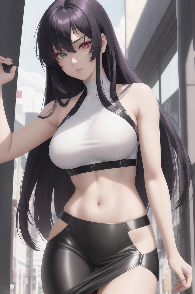 {{{masterpiece}}}, {{detailed}}, {detailed background}, {最high quality}, high quality, High resolution, 4K, Light, Glare, {detailed eyes}, motoko kusanagi, Long, messy black hair that reaches the shoulders., Heterochromia with red and gray irises, White crop top with a black symbol and pink skirt, Happy, shopping, A full-body beautiful, realistic style woman, clean detailed faces, Complex clothing, Similar colors, Shining Shadow, Beautiful gradation, Depth of written boundary, Beautiful images, high quality, Attention to detail, High resolution, Luminous Studio Graphics Engine, Cute Face, Narrow waist, Nice hips,