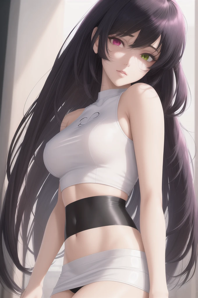 {{{masterpiece}}}, {{detailed}}, {detailed background}, {最high quality}, high quality, High resolution, 4K, Light, Glare, {detailed eyes}, motoko kusanagi, Long, messy black hair that reaches the shoulders., Heterochromia with red and gray irises, White crop top with a black symbol and pink skirt, Happy, shopping, A full-body beautiful, realistic style woman, clean detailed faces, Complex clothing, Similar colors, Shining Shadow, Beautiful gradation, Depth of written boundary, Beautiful images, high quality, Attention to detail, High resolution, Luminous Studio Graphics Engine, Cute Face, Narrow waist, Nice hips,