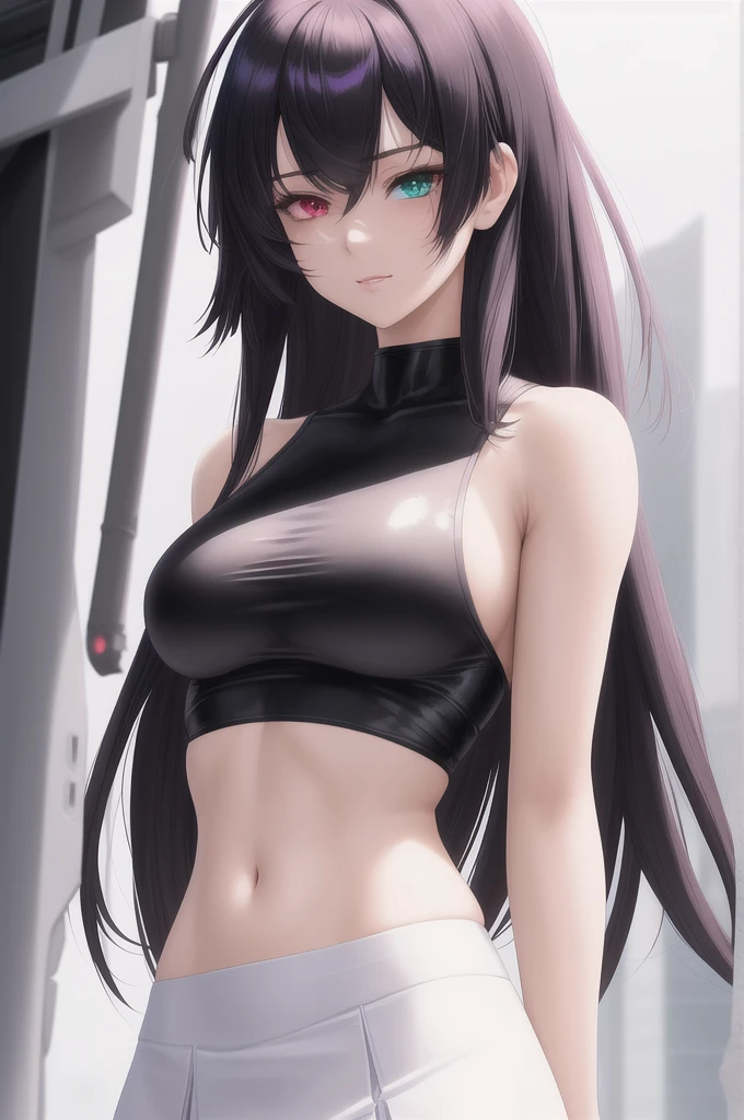 {{{masterpiece}}}, {{detailed}}, {detailed background}, {最high quality}, high quality, High resolution, 4K, Light, Glare, {detailed eyes}, motoko kusanagi, Long, messy black hair that reaches the shoulders., Heterochromia with red and gray irises, White crop top with a black symbol and pink skirt, Happy, shopping, A full-body beautiful, realistic style woman, clean detailed faces, Complex clothing, Similar colors, Shining Shadow, Beautiful gradation, Depth of written boundary, Beautiful images, high quality, Attention to detail, High resolution, Luminous Studio Graphics Engine, Cute Face, Narrow waist, Nice hips,