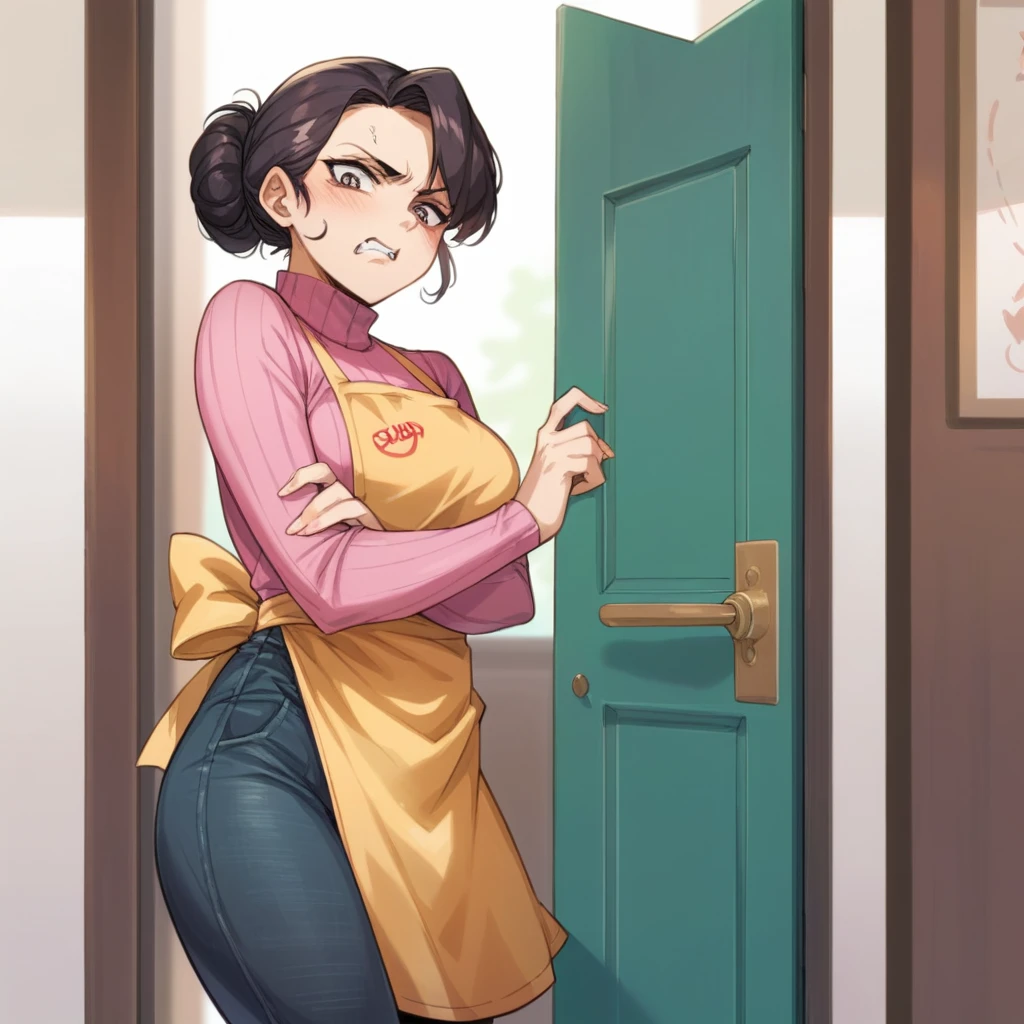 MILF Tsundere, wearing a pink turtleneck sweater, black denim pants and an apron, she's at a door