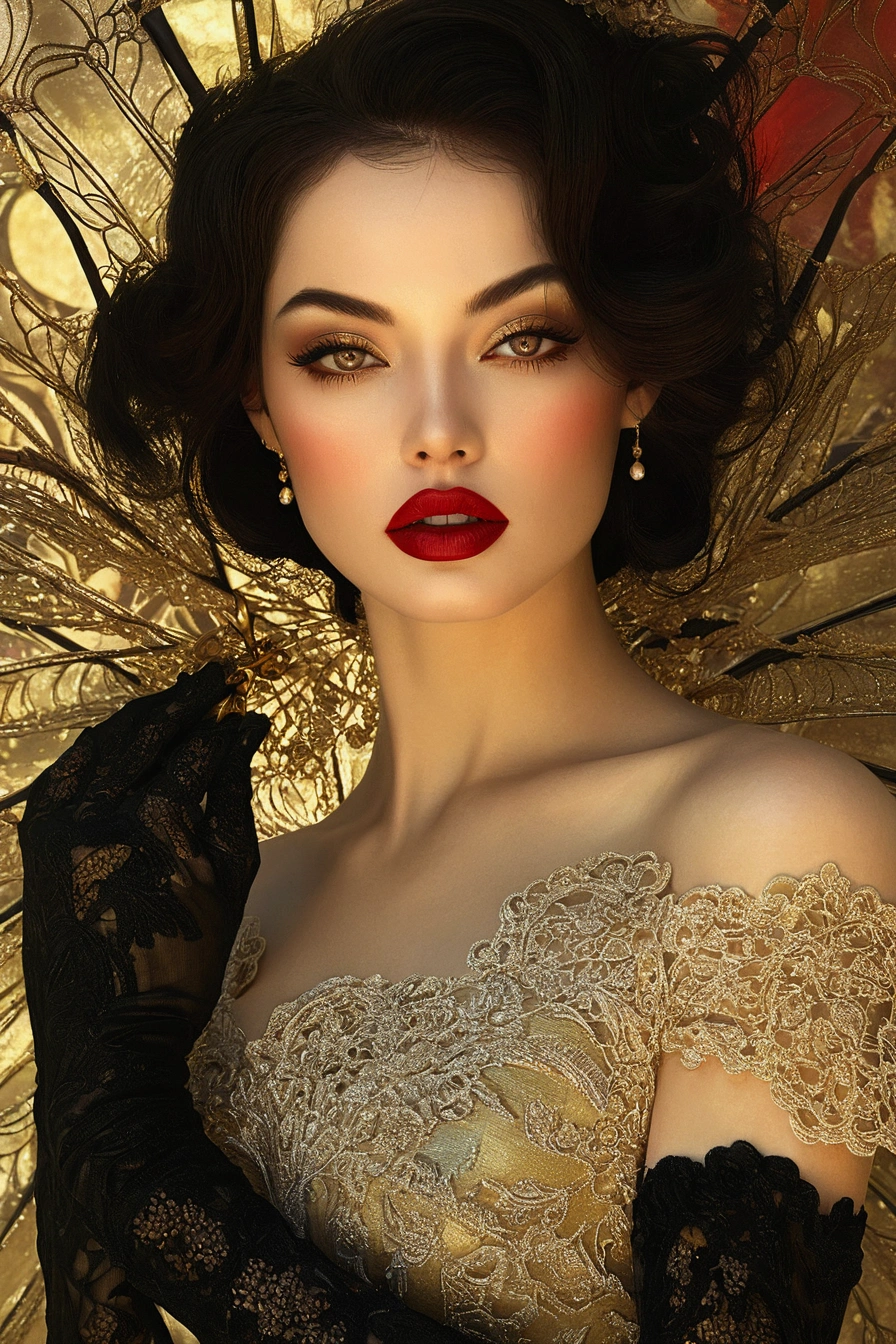 there is a woman with a gold umbrella and red lipstick, wide golden eyes and red lips, alluring mesmer woman, karol bak uhd, natalie shau tom bagshaw, gorgeous beautiful woman, detailed face with red lips, beauty art nouveau woman, beautiful fantasy portrait, gorgeous woman, beautiful fantasy art portrait, inspired by Hedi Xandt