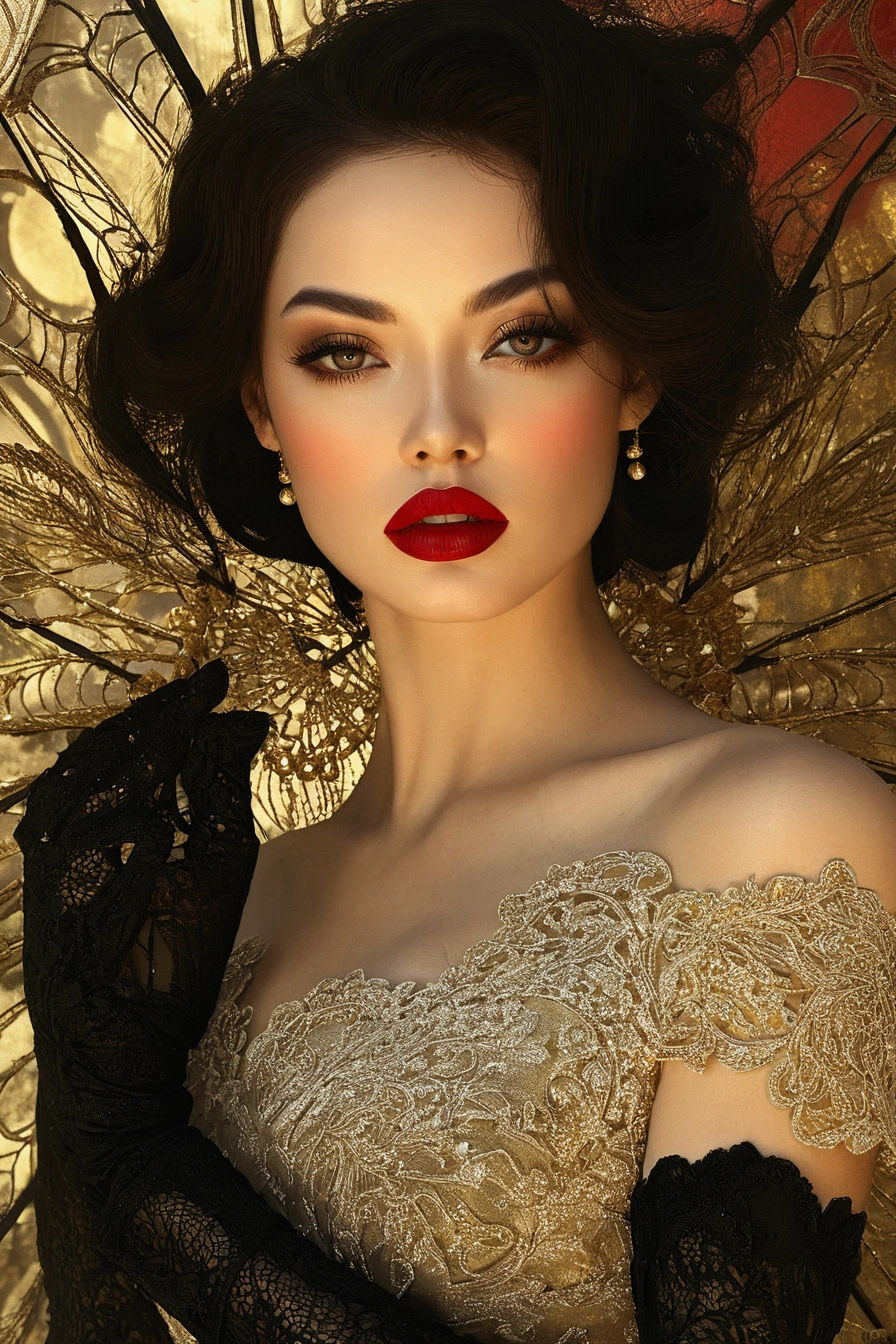 there is a woman with a gold umbrella and red lipstick, wide golden eyes and red lips, alluring mesmer woman, karol bak uhd, natalie shau tom bagshaw, gorgeous beautiful woman, detailed face with red lips, beauty art nouveau woman, beautiful fantasy portrait, gorgeous woman, beautiful fantasy art portrait, inspired by Hedi Xandt