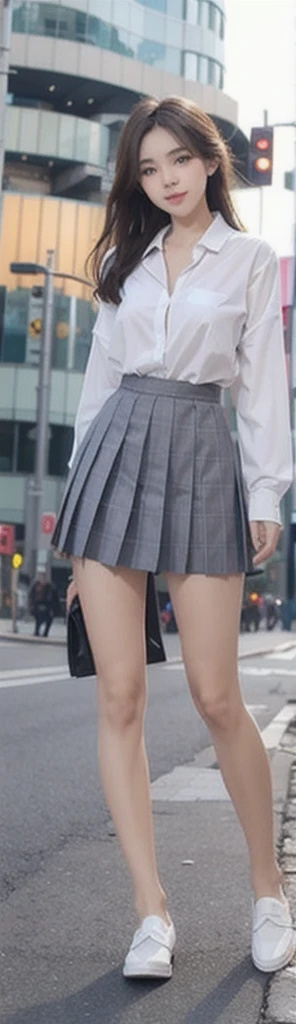 1 beautiful girl, Sad Japan, Long Hair, 18-year-old, A beautiful face without blemishes, Rosy Face, Iris, Thin eyebrows, The most thorough makeup is the eyelashes, Pink lipstick, lips , Elegant smile, Her breasts are big and round, Narrow waist, Big Breasts, moderately large butt, Long legs, Reaches up to the waist、Wear a thin, semi-transparent white button-up shirt that reveals your underwear, She is wearing a grey plaid pleated mini skirt., high school student, Black Loafers, Thighs, Long Hair, Visible body curves, Straightly stretched hair, One afternoon, The sun goes down, The sky is orange, Sunny sunset background image, Quality Best image quality, 8K quality, Real Girls, artwork, whole body