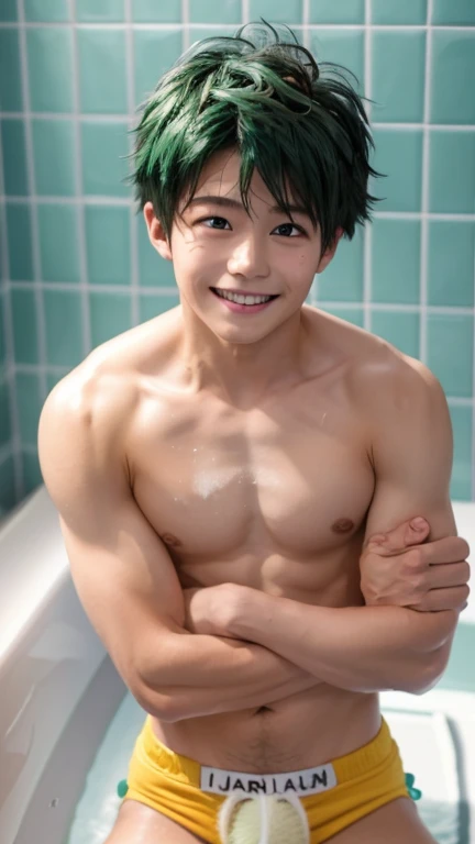 Japanese men、、Well-developed muscles and smooth skin、Fluffy, voluminous, bright green hair、Thin yellow boxer briefs、You can see the whole body from head to toe.、Smiling softly and friendly、Hero Academy、Manly posing in the bathtub