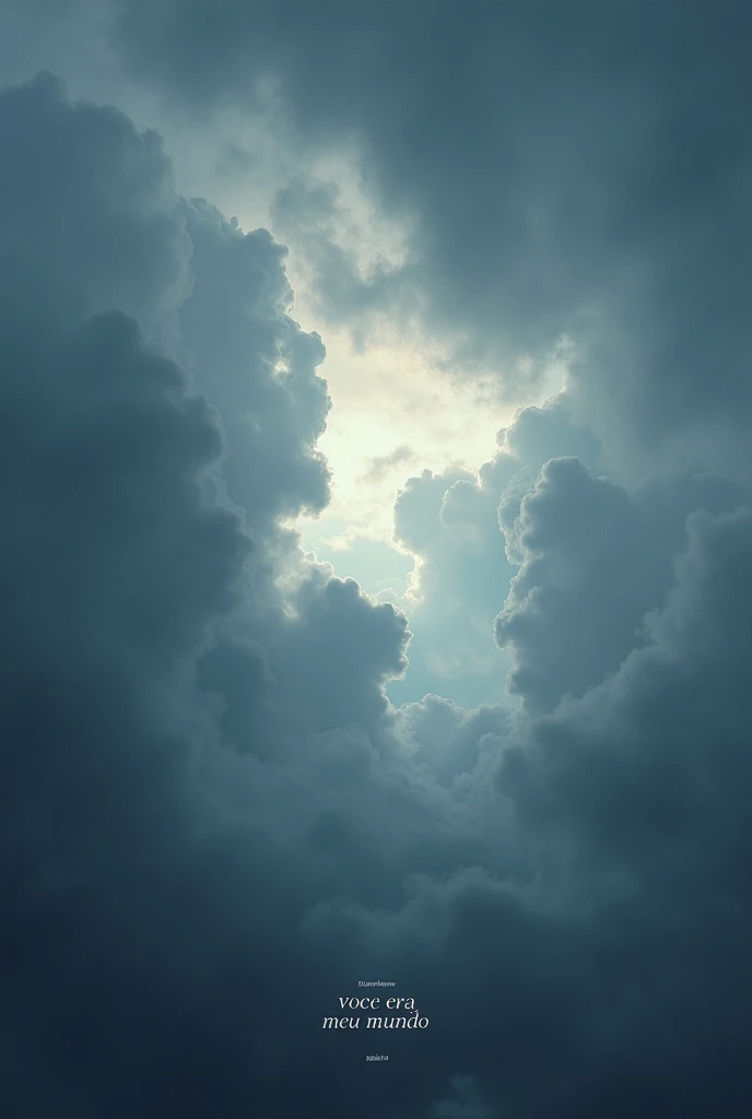 Develop a single cover titled 'VOCE ERA MEU MUNDO'. The art should evoke a feeling of melancholy and romance, aligning with the depressive and romantic style of the music.

Sky and Clouds: Depict a dramatic, cloudy sky, with dense, dark clouds, conveying the feeling of sadness and deep reflection.
Lights: Add faint, ethereal beams of light emerging through the clouds, symbolizing the memory of happy times and the hope that persists even in pain.
Environment: Use a cold color palette, such as shades of gray, blue and lilac, to create an atmosphere of sadness and longing.
Texts: Place the title 'VOCE ERA MEU MUNDO' in a delicate and sophisticated font, preferably in the lower or central corner of the image, ensuring that it integrates harmoniously with the art.
Additional details:

The cover should have a realistic and emotional style, capturing the depth of feelings expressed in the song's lyrics.
Maintain a clean, impactful design so that the visual art complements and amplifies the song's lyrical message.