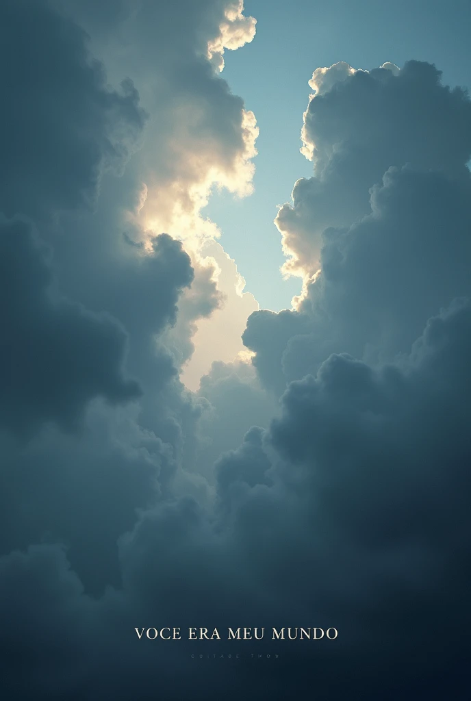 Develop a single cover titled 'VOCE ERA MEU MUNDO'. The art should evoke a feeling of melancholy and romance, aligning with the depressive and romantic style of the music.
Sky and Clouds: Depict a dramatic, cloudy sky, with dense, dark clouds, conveying the feeling of sadness and deep reflection.
Lights: Add faint, ethereal beams of light emerging through the clouds, symbolizing the memory of happy times and the hope that persists even in pain.
Environment: Use a cold color palette, such as shades of gray, blue and lilac, to create an atmosphere of sadness and longing.
Texts: Place the title 'VOCE ERA MEU MUNDO' in a delicate and sophisticated font, preferably in the lower or central corner of the image, ensuring that it integrates harmoniously with the art.
Additional details:
The cover should have a realistic and emotional style, capturing the depth of feelings expressed in the song's lyrics.
Maintain a clean, impactful design so that the visual art complements and amplifies the song's lyrical message.