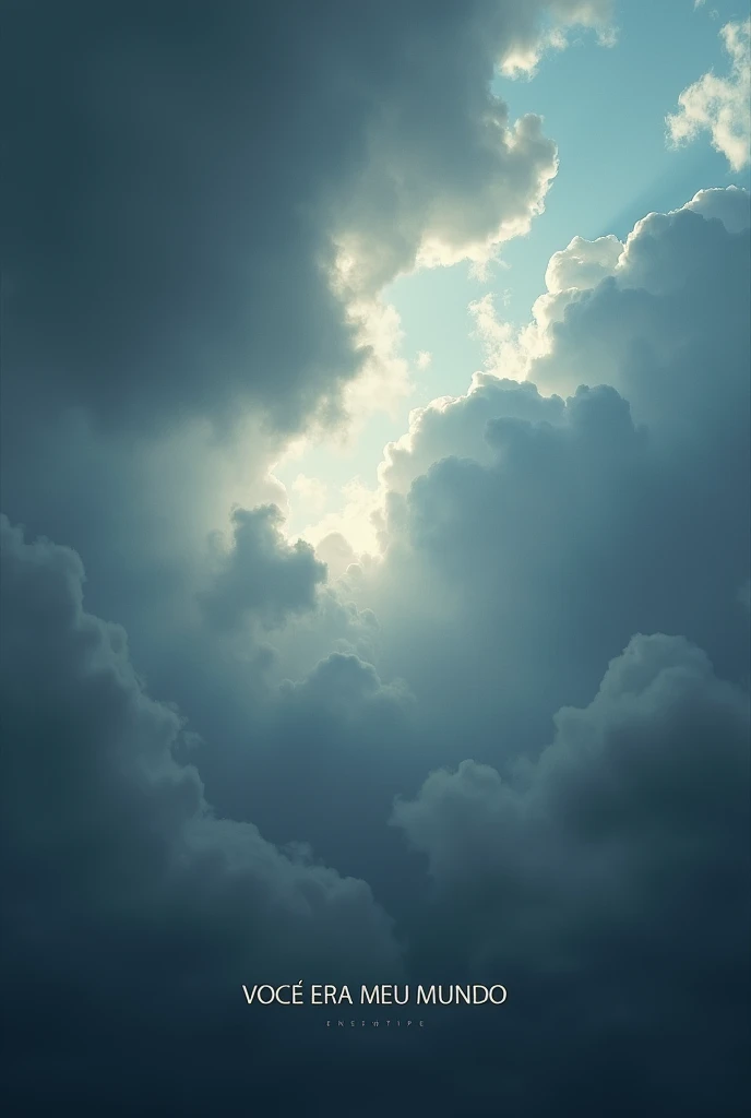 Develop a single cover titled 'VOCE ERA MEU MUNDO'. The art should evoke a feeling of melancholy and romance, aligning with the depressive and romantic style of the music.
Sky and Clouds: Depict a dramatic, cloudy sky, with dense, dark clouds, conveying the feeling of sadness and deep reflection.
Lights: Add faint, ethereal beams of light emerging through the clouds, symbolizing the memory of happy times and the hope that persists even in pain.
Environment: Use a cold color palette, such as shades of gray, blue and lilac, to create an atmosphere of sadness and longing.
Texts: Place the title 'VOCE ERA MEU MUNDO' in a delicate and sophisticated font, preferably in the lower or central corner of the image, ensuring that it integrates harmoniously with the art.
Additional details:
The cover should have a realistic and emotional style, capturing the depth of feelings expressed in the song's lyrics.
Maintain a clean, impactful design so that the visual art complements and amplifies the song's lyrical message.