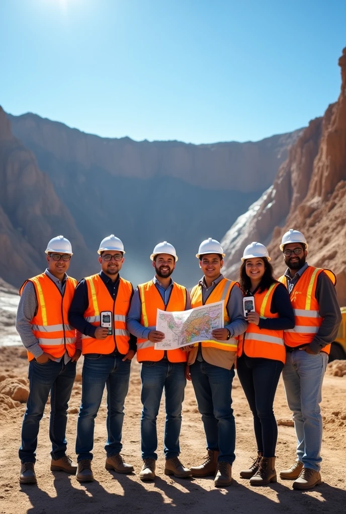 A group of Bolivian mining engineers in front of a large open pit mine. They wear white safety helmets, reflective vests and sturdy work boots. The engineers smile and hold mining equipment like maps, geological tools and tablets. The background shows the vast mining landscape with heavy machinery, mining trucks and the layers of the open pit mine visible. The sky is clear and blue, which highlights the impressive scale of the mining operation. The engineers exude professionalism, teamwork and pride in their work, representing the mining industry in Bolivia".
"Size": "1024x1024"