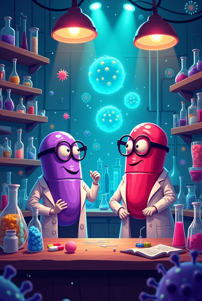 A cartoon of a laboratory, full of viruses in the air,with flashing lights,and there's a table in the center with a giant super bacteria being created,around this table there are 2 scientists,but they aren't human,They are giant purple and red medicine pills.,wearing glasses, the lab coat