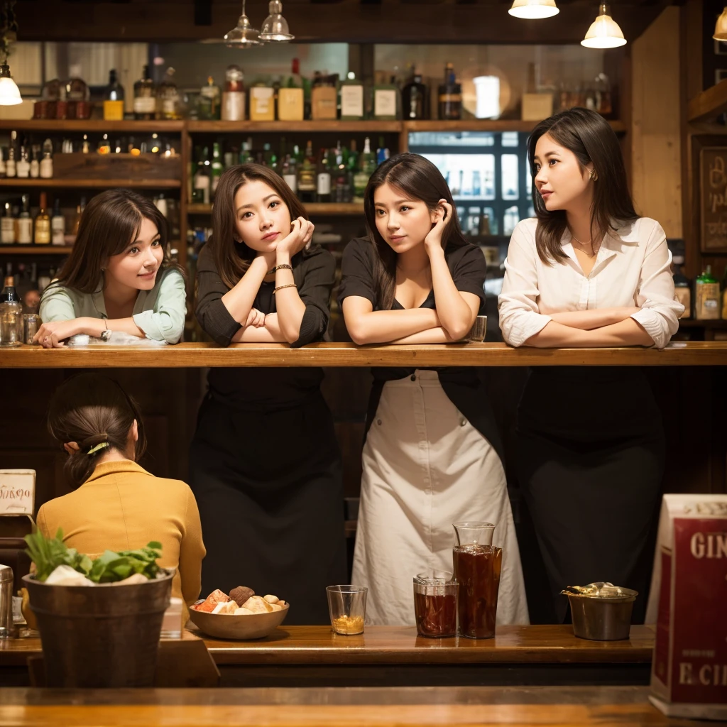 Three women waiting at the bar counter、shopkeeper、