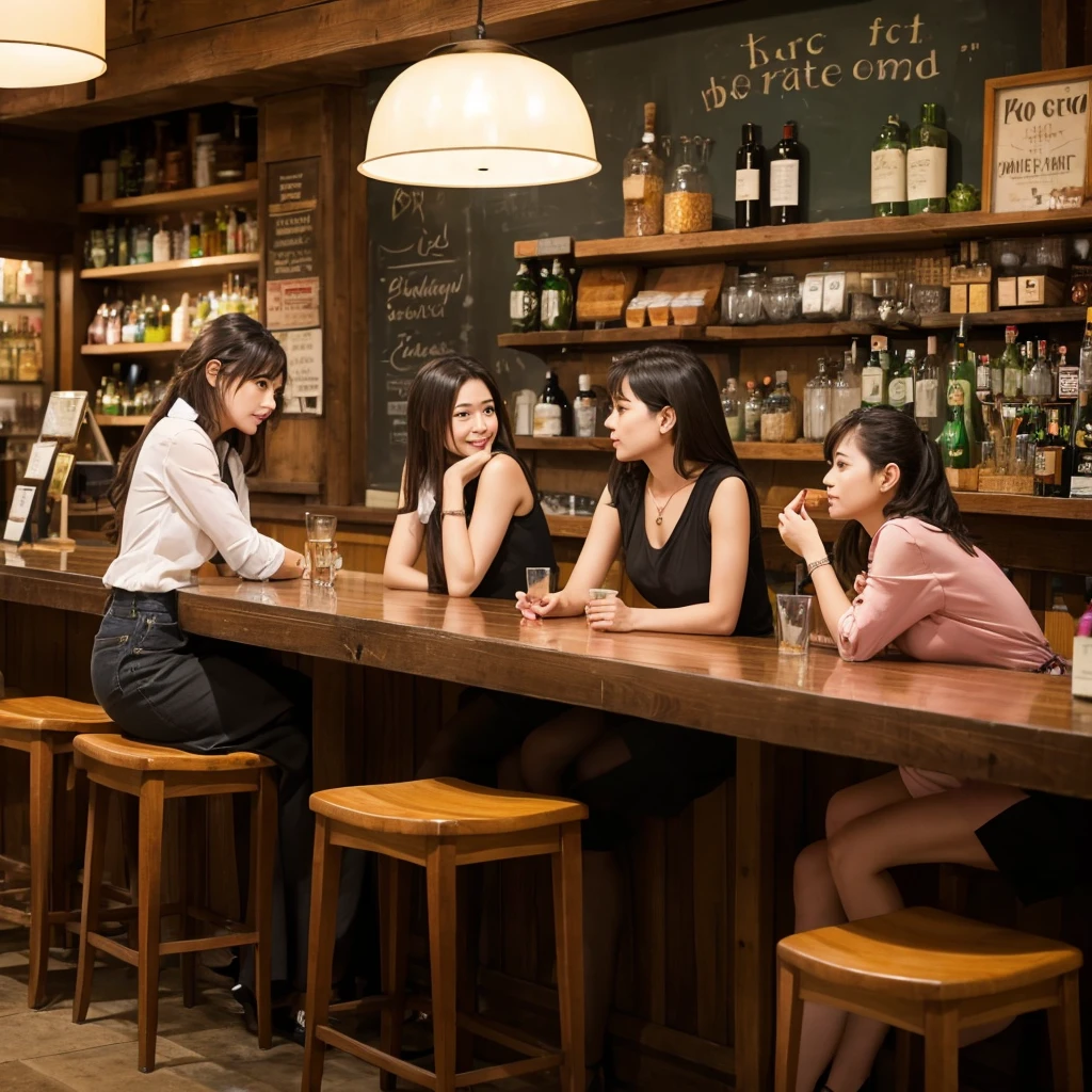 Three women waiting at the bar counter、shopkeeper、