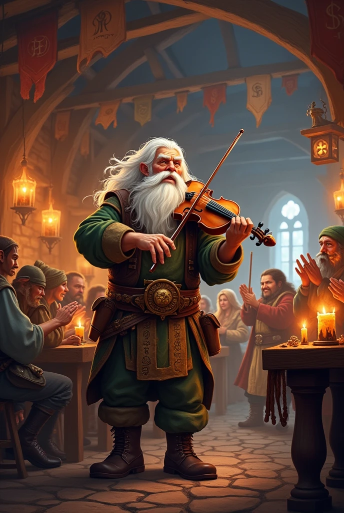 dwarf, white  hair, bard, using a violin, Tabletop RPG style
