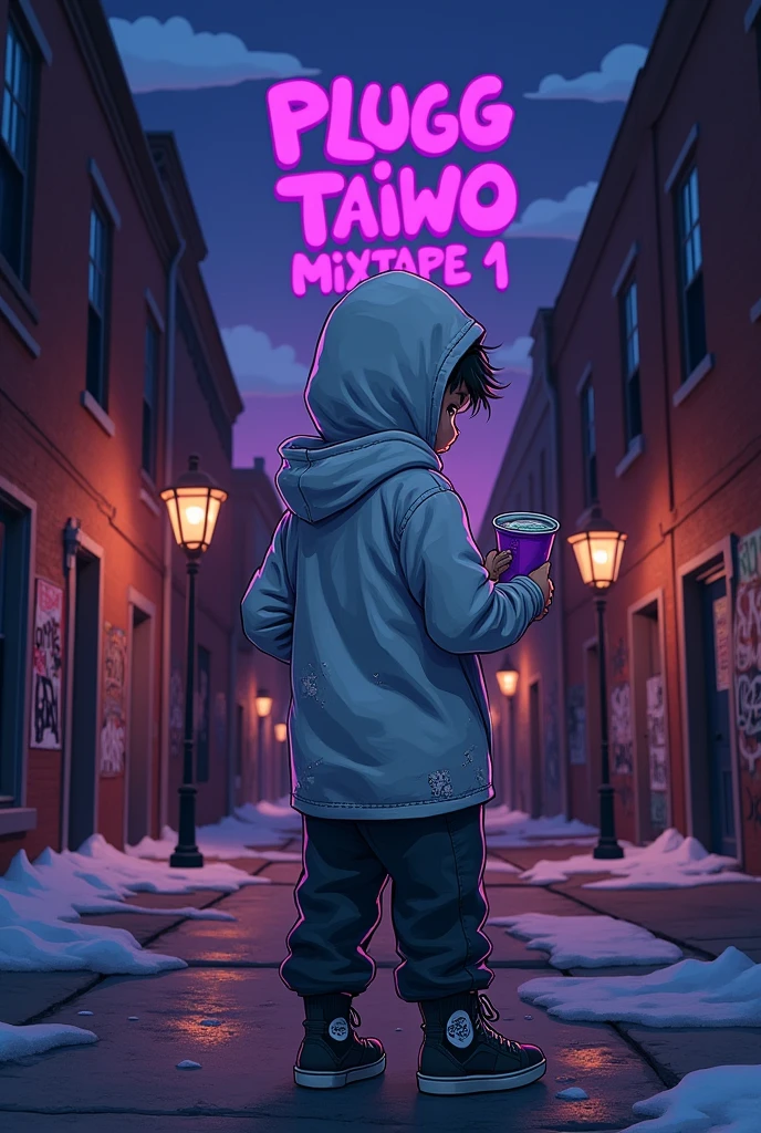 A white hooded kid counting money and drinking lean with his BACK turned, with the sky written "PLUGG TAIWO MIXTAPE 1" in the stroke of the south park drawing
